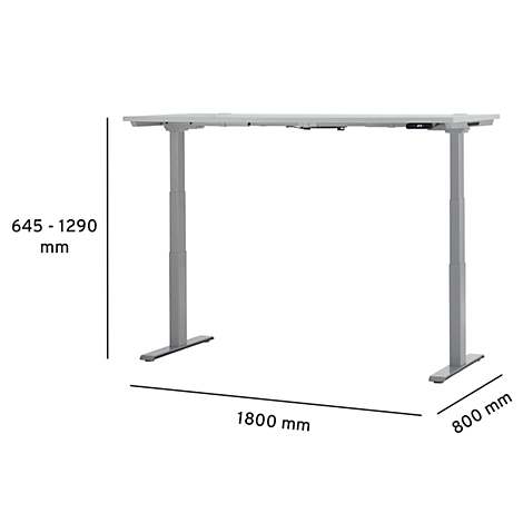 Grey adjustable height desk with dimensions: 1800 mm x 800 mm, height 645-1290 mm.