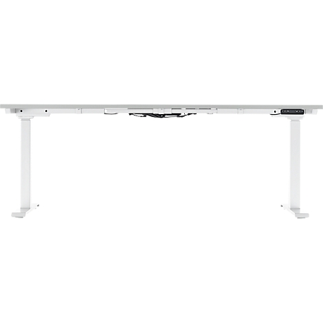 White height-adjustable desk. The tabletop is connected to two legs, which are equipped with a control for height adjustment.