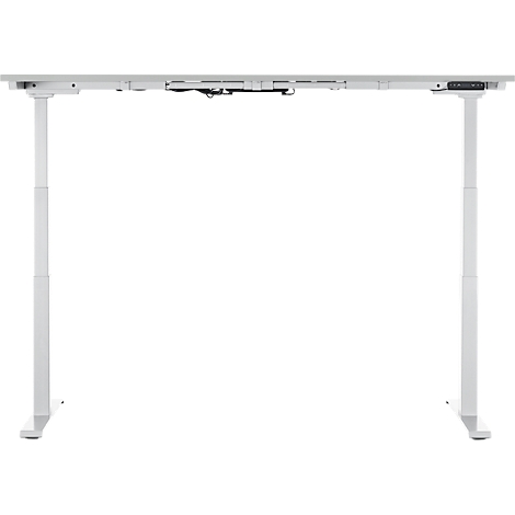 A white, height-adjustable desk. The tabletop floats above two white columns.