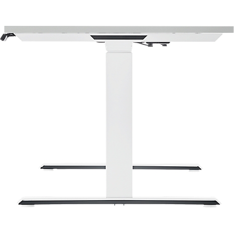 White, height-adjustable desk against a white background. The desk has a simple design.