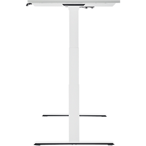 A white height-adjustable desk, photographed from bottom to top. The table top and base are rectangular.