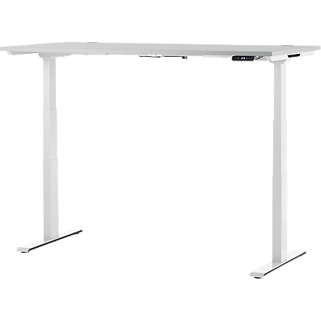 White, height-adjustable desk. It has two legs, a long tabletop and digital control.