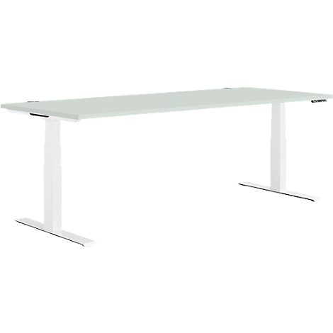 Light gray desk. The tabletop is supported by two white pillars. The height is adjustable.