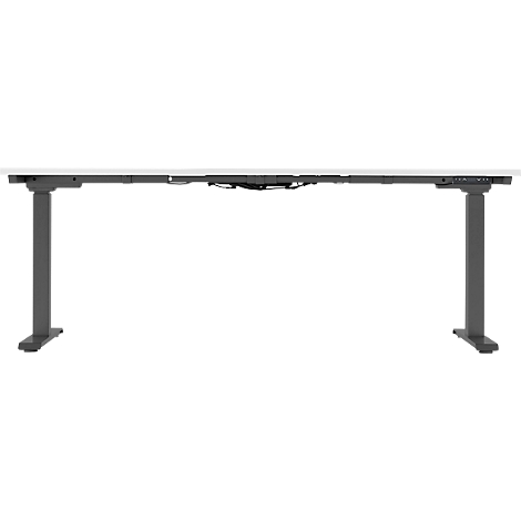 A gray height-adjustable desk against a white background. The table is rectangular and has a white frame with gray legs.