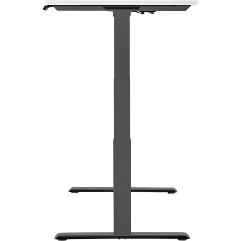 An adjustable height desk. The desk has a white table top and a grey frame. The height is adjustable.