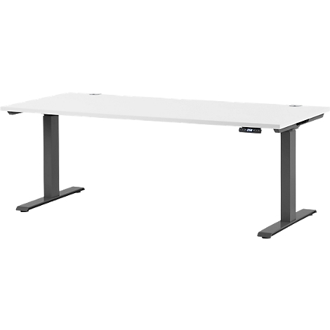 A white, height-adjustable desk with dark grey legs that extend from the top to the floor.