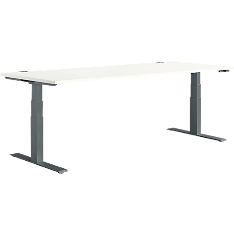 White, height-adjustable desk with a grey frame.