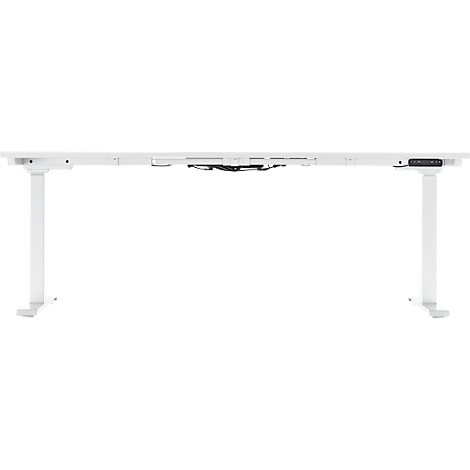A white height-adjustable desk against a white background. The tabletop has rounded corners. A control panel is on the right leg.