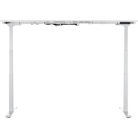 A white height-adjustable desk. The tabletop and legs are all white, with controls on the right.