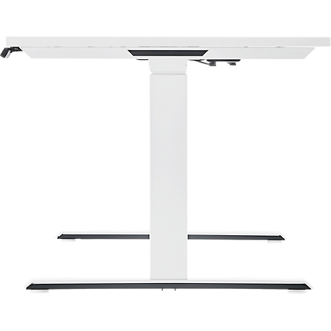 A white, height-adjustable desk, depicted freestanding against a white background.