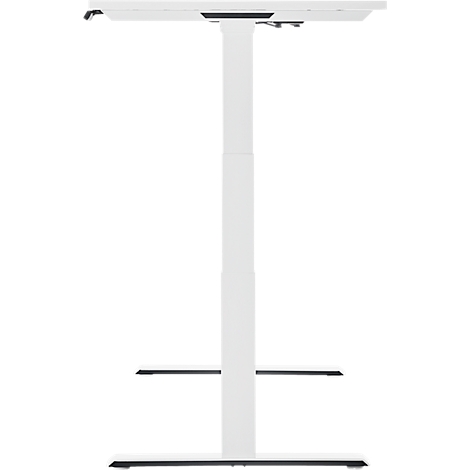 A white, height-adjustable desk standing against a white background.