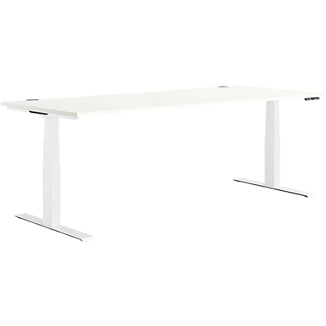 White, height-adjustable desk on a white background. The desk has a rectangular table top and two white columns with foot plates.