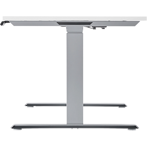 Grey height-adjustable desk with white table top on white background.