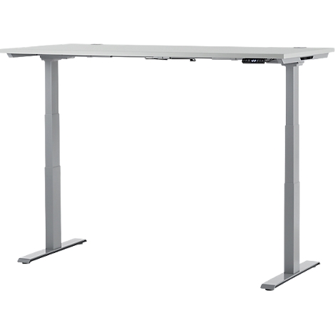 A height-adjustable desk in gray, with a digital height display. The desk has a light-colored tabletop and metal legs.