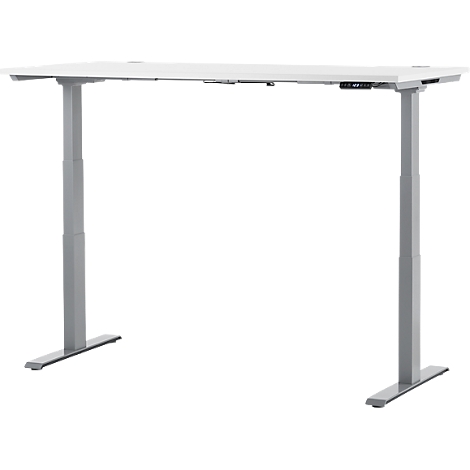 A white, height-adjustable desk with gray legs, detailed with controls.