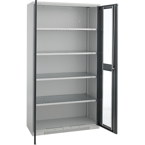 Open gray cabinet with shelves, the door is half open.