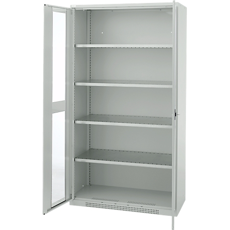 Grey filing cabinet with open door. Inside with several shelves. The background is white.