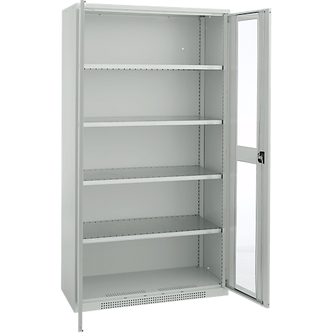 Light gray metal cabinet, door open, with multiple shelves visible through the door.
