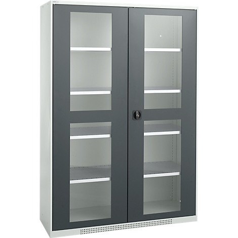 Gray and white cabinet with glass doors and shelves behind.