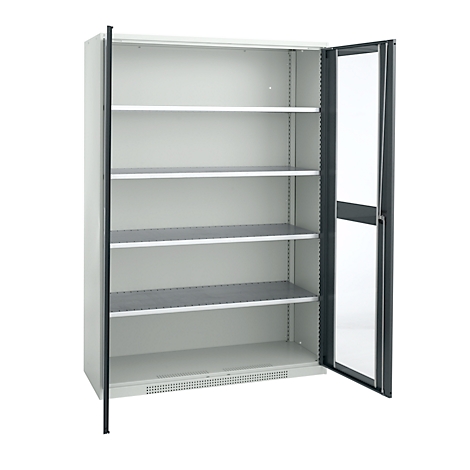 An open steel cabinet with multiple shelves. The right door is open.