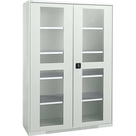 Gray cabinet with glass doors and shelves. Black handle in the middle.