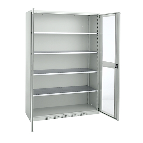 Light gray steel cabinet with open door. Interior shelves. White background.