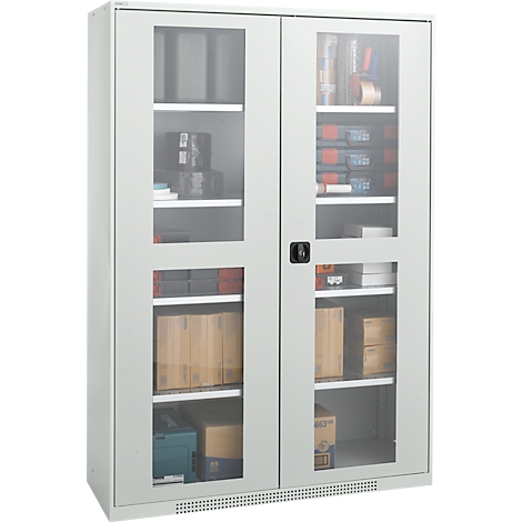 Grey cabinet with two glass doors, filled with tools and accessories. A black handle on the right door.