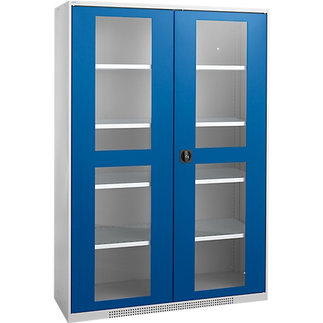 Blue and white cabinet with glass doors and shelves.