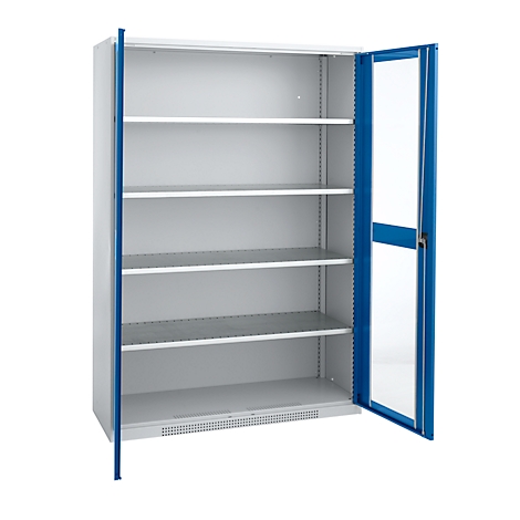 An open steel cabinet with blue frames and white interiors. The shelves are empty. The doors are open.