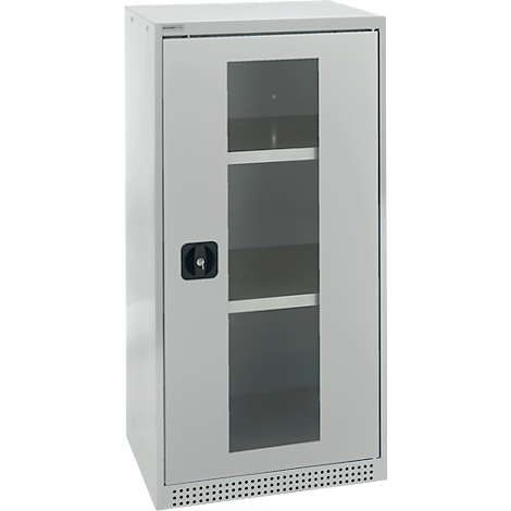 Cabinet with glass door, handle, and ventilation slots.