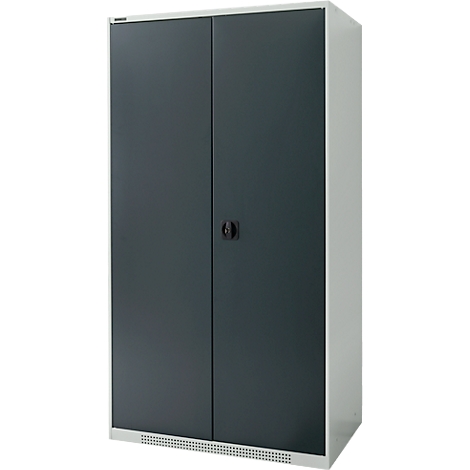 Gray file cabinet with double doors. A round handle and a ventilation strip at the bottom are visible.