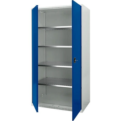 White cabinet with blue doors, opened. Interior with metal shelves.