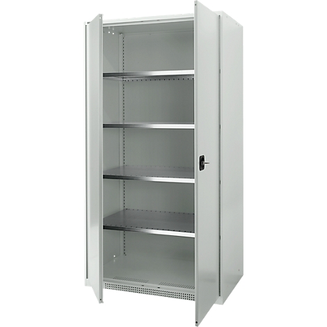 White metal cabinet, doors open, view inside with shelves.