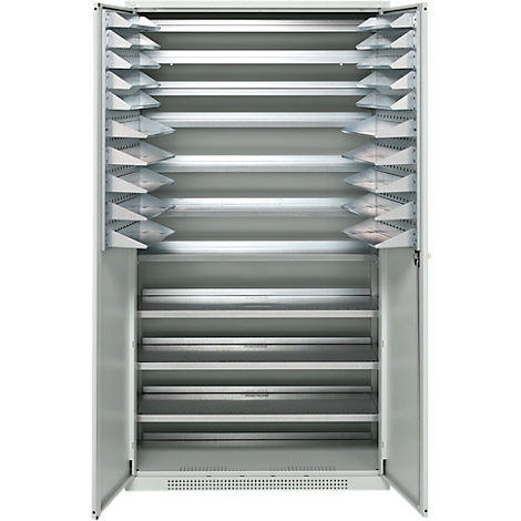 Open, white cabinet with many metal shelves in different arrangements.