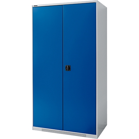 Blue steel cabinet with two doors and black handle.