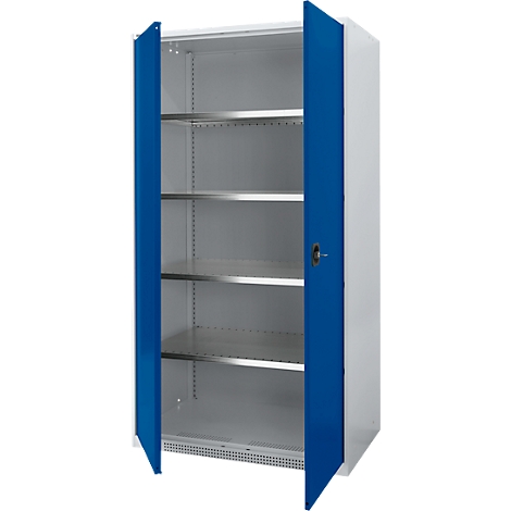 A white cabinet with blue doors standing open. The cabinet has several shelves.