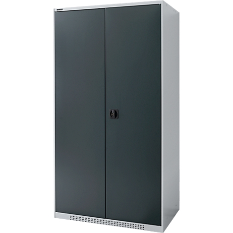 Dark gray cabinet with two doors and a black handle. The cabinet stands against a neutral background.
