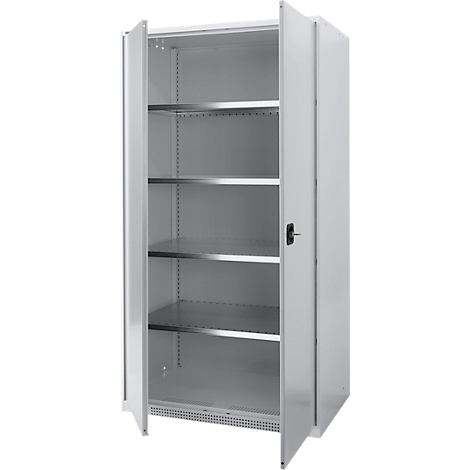 White cabinet with open doors, shelves inside.