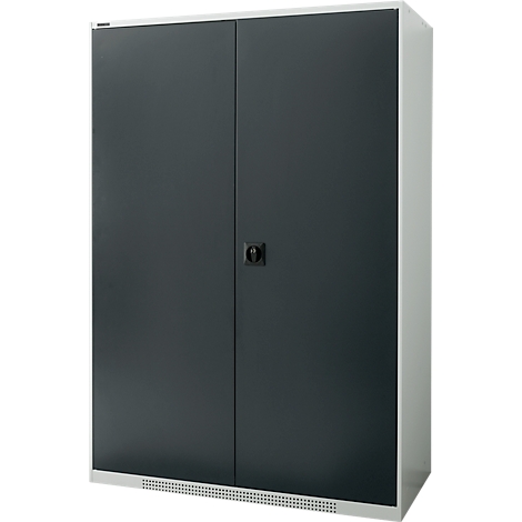 Dark gray steel cabinet with two doors and a black handle. The cabinet is in front of a white background.