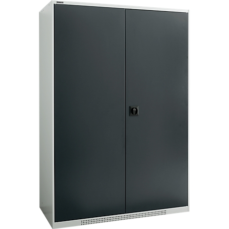 A grey steel cabinet with two doors, a handle, and a hole pattern at the bottom.