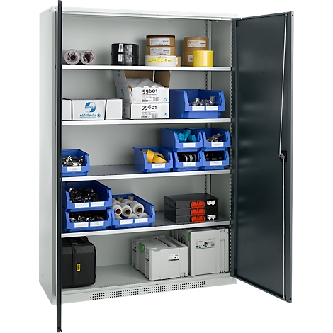 Open gray steel cabinet with inventory. Blue bins, rolls, black cases and boxes are stowed.