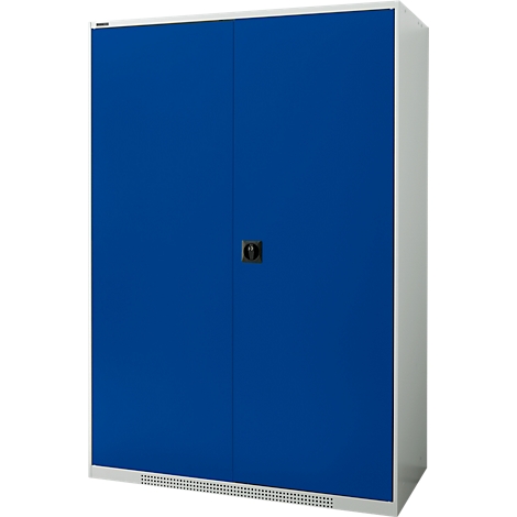 Blue and white painted steel cabinet with double doors and black handle.