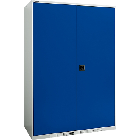 Blue cabinet with two doors, black handle and white frame.