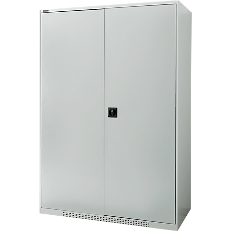 Gray steel cabinet with two doors, a handle and a vent at the bottom.
