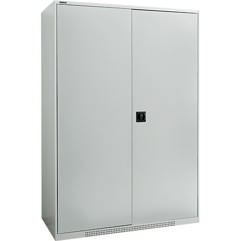 A gray steel cabinet with two doors and a black handle. There are ventilation slots below the doors.
