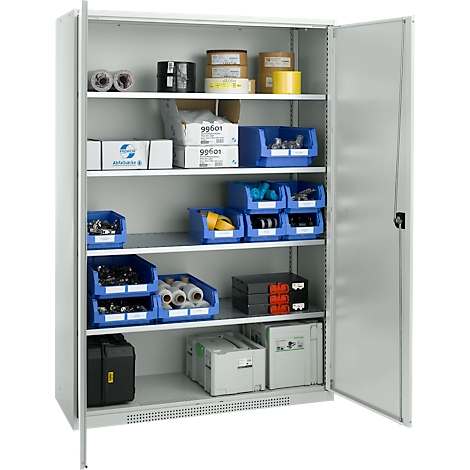 Open, gray steel cabinet with shelves filled with blue containers and tools.