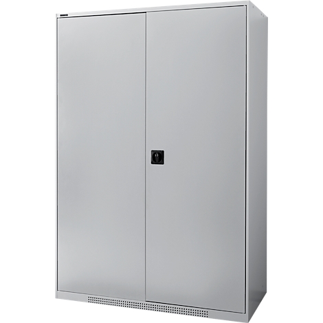 Gray steel cabinet with two doors, a black handle, and ventilation slots at the bottom.