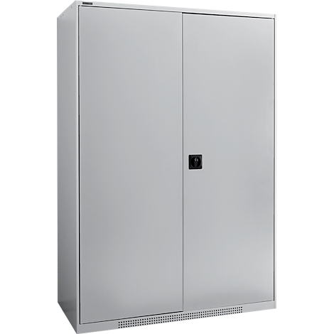 Grey metal cabinet with two doors and a black handle. There are ventilation slots at the bottom.