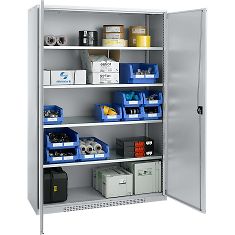 Grey steel cabinet, open. Blue plastic boxes and various materials are stored on the shelves.