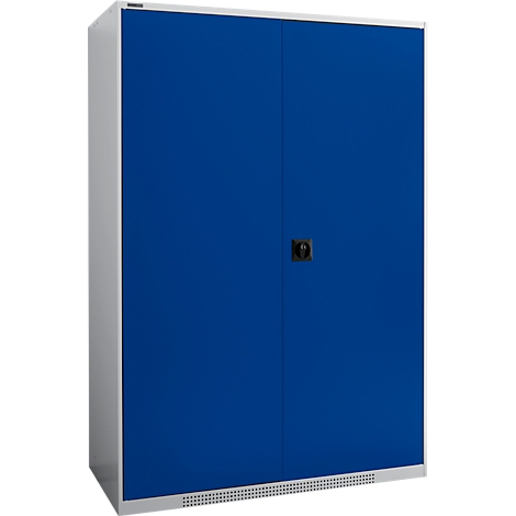 Blue metal cabinet with two doors, black handle. The body is white-gray.